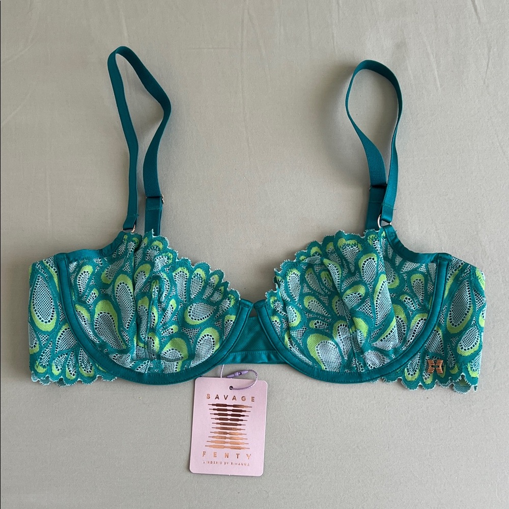 Savage X Fenty Vibrant Teal and Lime Lace Bra